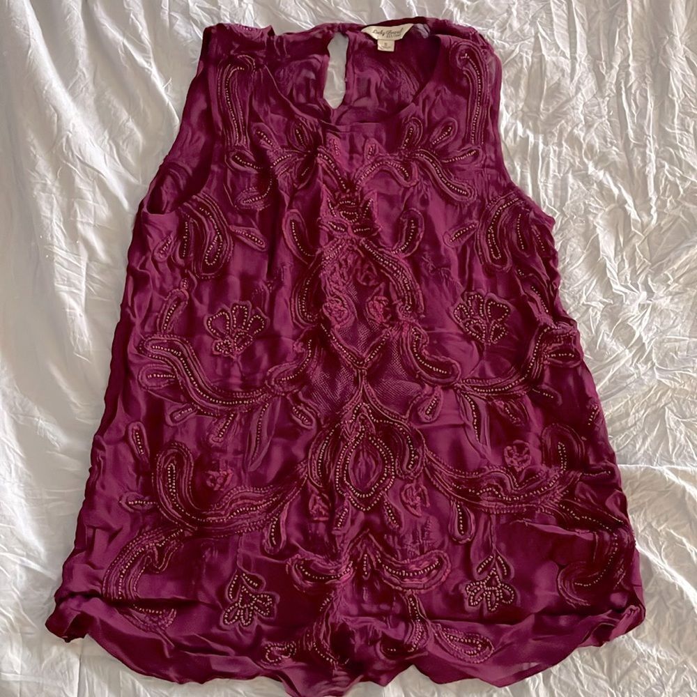 Lucky Brand Purple Fuchsia Semi-Sheer Beaded Tank Top Embellished Size S